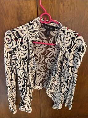 Black and White Floral Lace Open-Front Cardigan